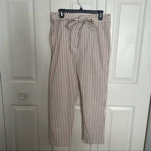 Tan and White Striped tie waist straight leg ankle pants